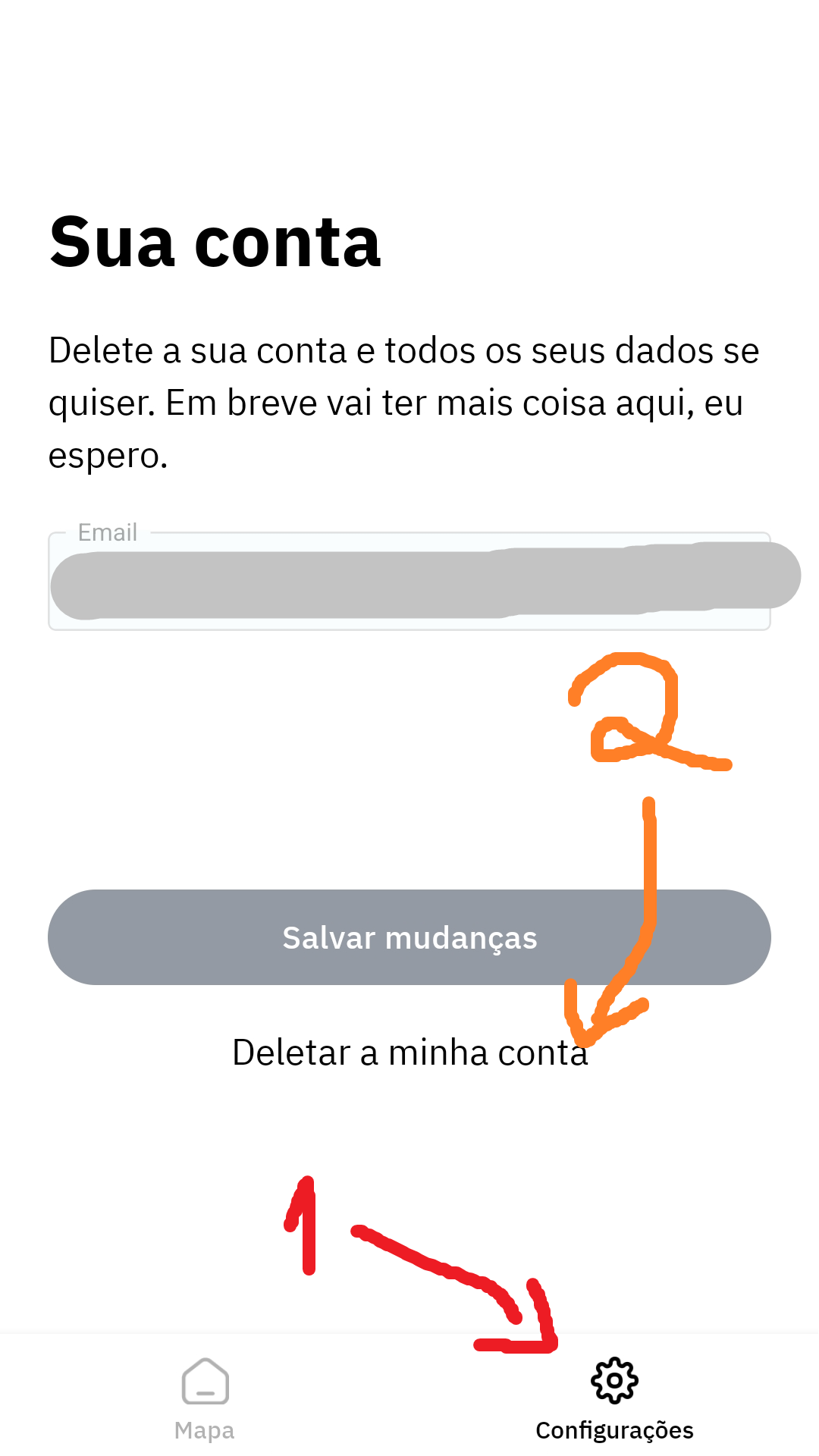 Tela de conta do Capyusp com a opção Deletar a minha conta.