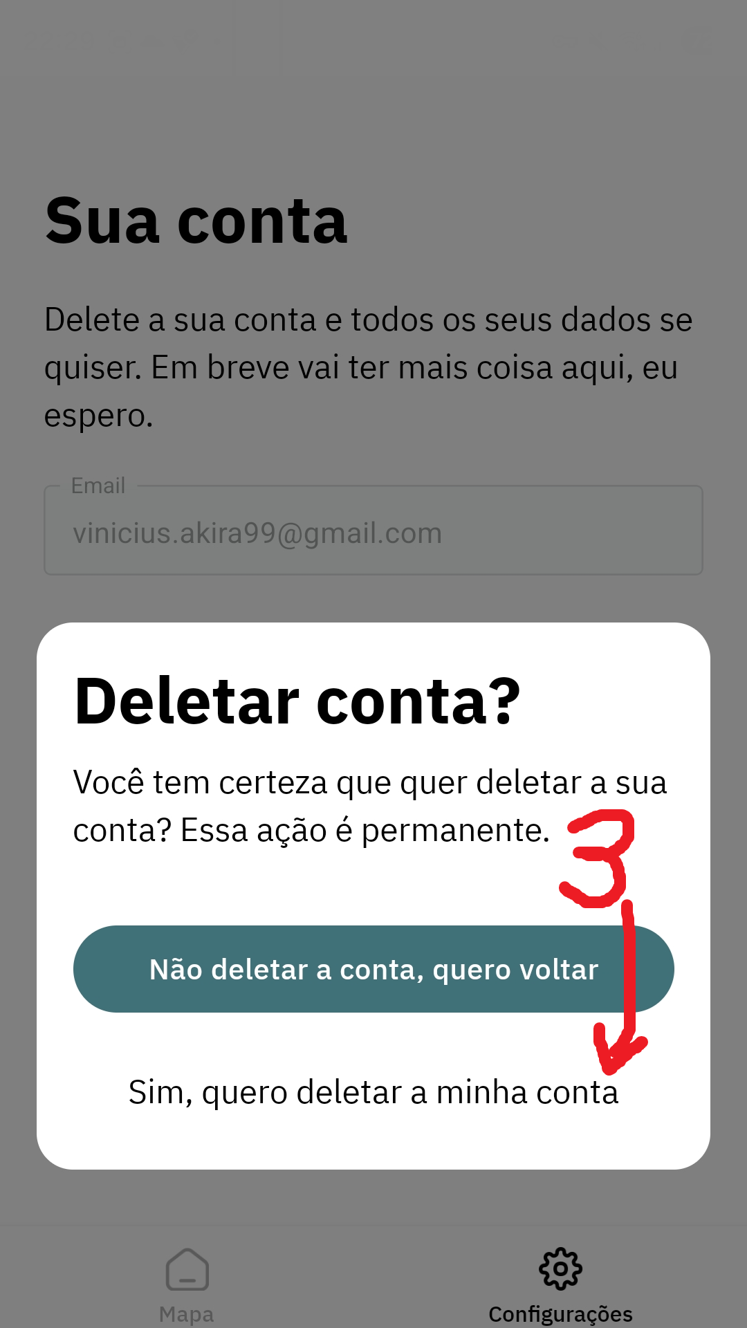 Tela de confirmação para deletar a conta no app Capyusp.